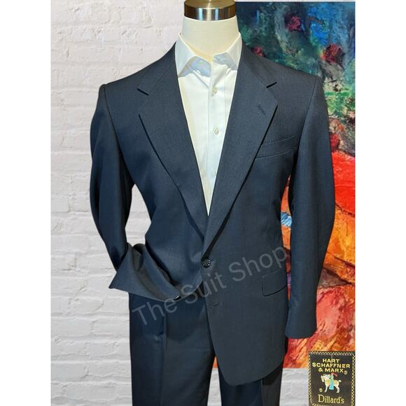 Hart Schaffner Marx 44L 37x32 Solid Navy Blue Nailhead Quality 2 Piece Suit - Picture 1 of 16